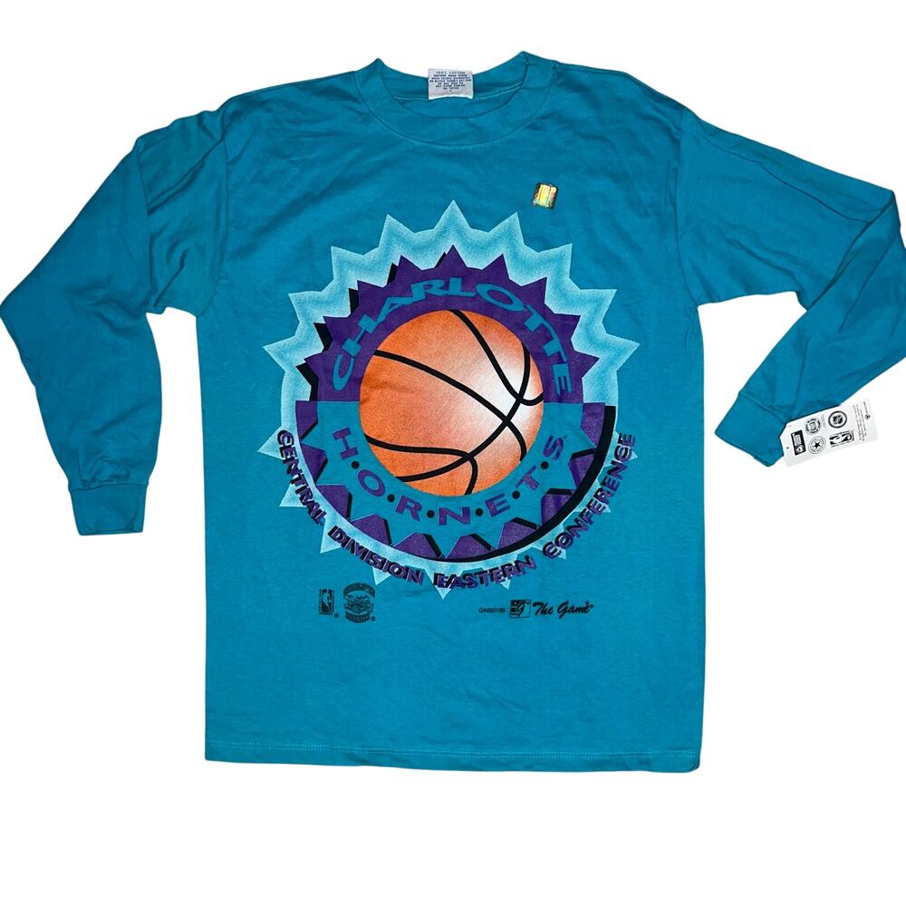 VTG 90s NBA Charlotte Hornets The Game T-Shirt Long Sleeve graphic Shirt LG NEW